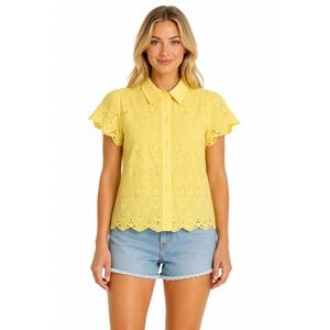 Notations Eyelet Embroidered Button Blouse Women M Yellow 100% Cotton Scalloped